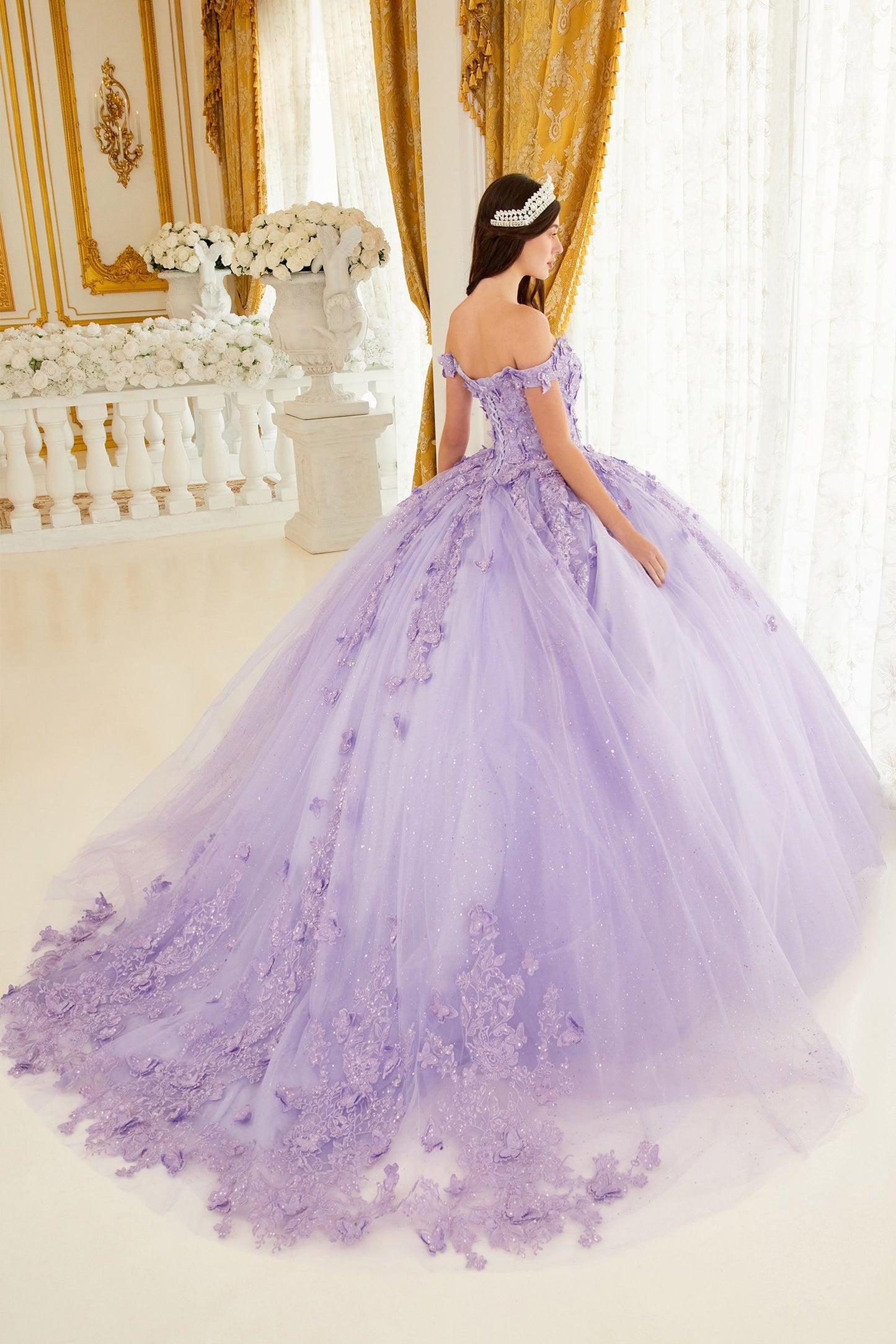 Layered Tulle Ball Gown With Lace Applique-1