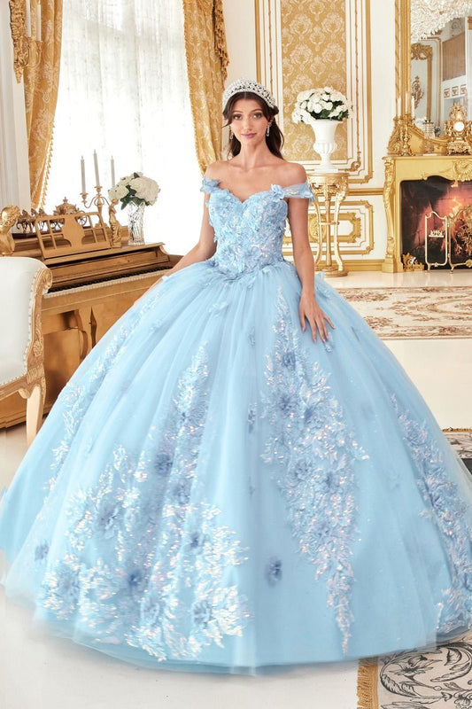 Off the Shoulder Floral Appliqued Ball Gown-0