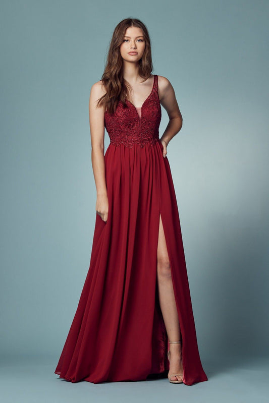 Embroidered Bodice Illusion V-Neck Side Slit Long Bridesmaid Dress NXY299-0