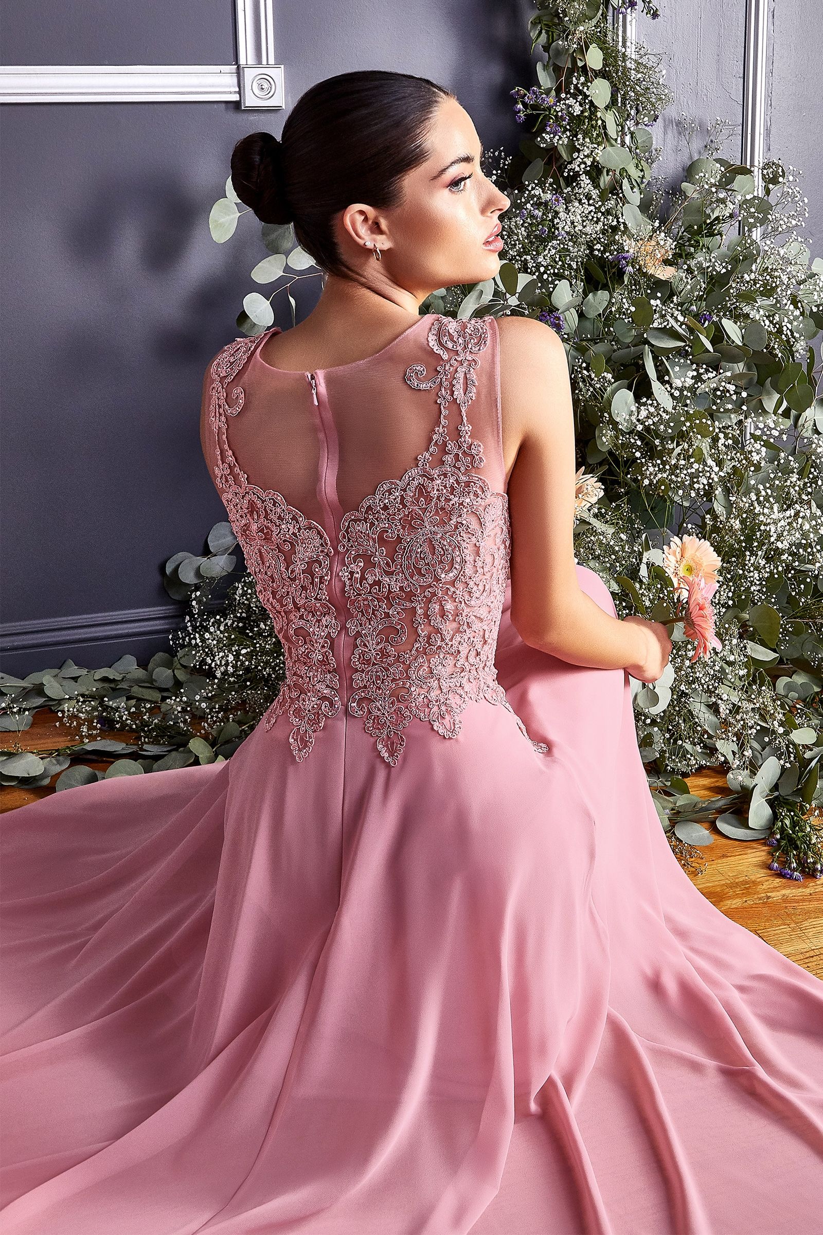 A-Line Chiffon Gown With Lace Embellished Bodice.-7