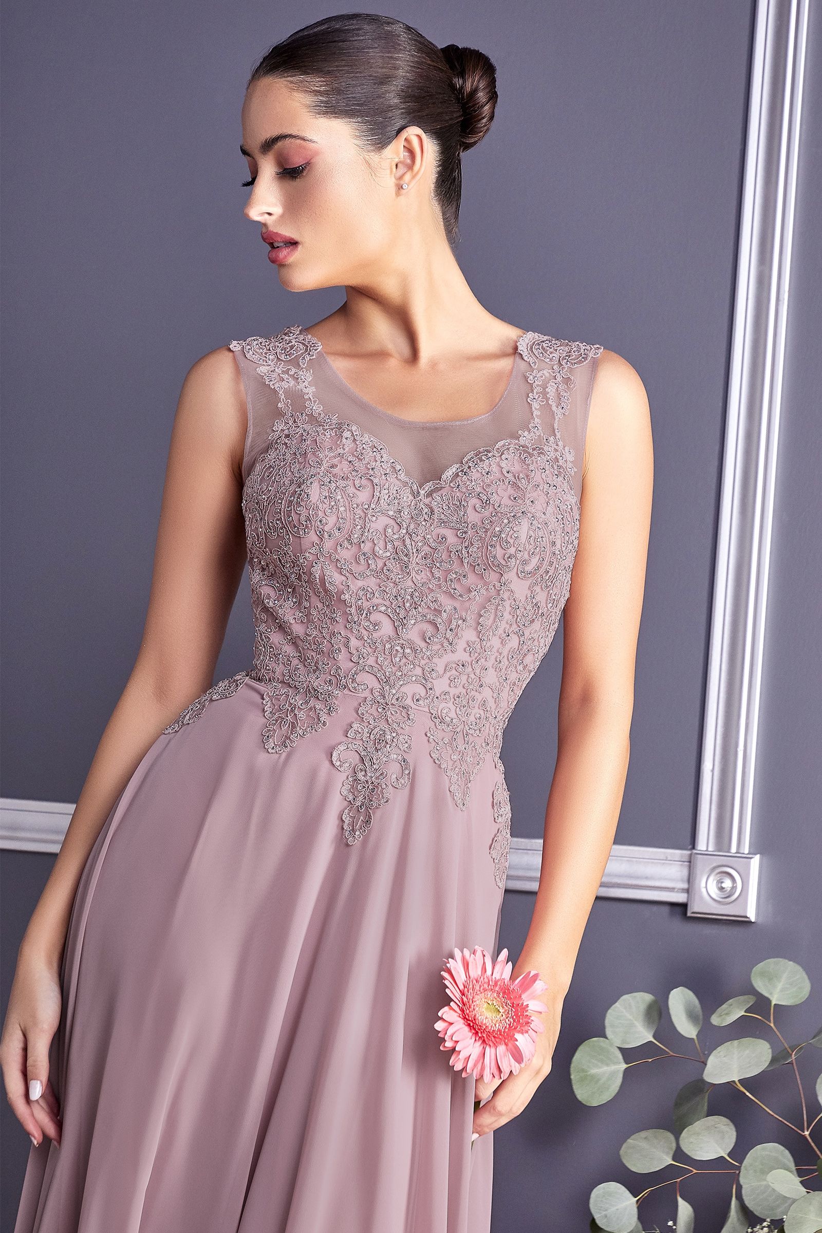 A-Line Chiffon Gown With Lace Embellished Bodice.-6