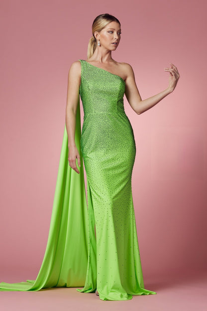 One Shoulder High Slit Embellished Jewel Long Prom & Evening Dress NXE1039-4