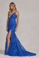 Side Slit Embroidered Lace Bodice Open V-Back Long Prom Dress NXC1100-4