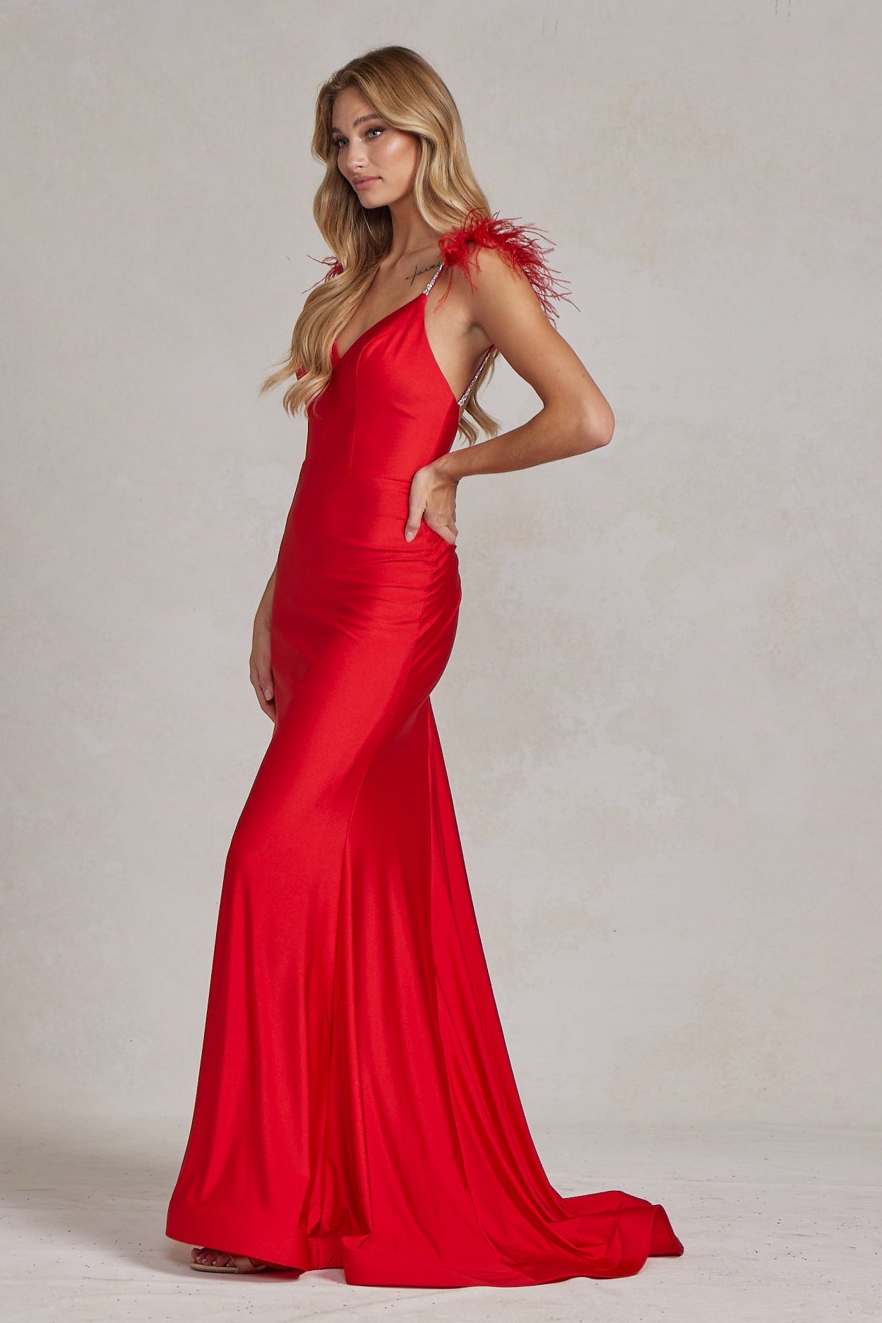 Mermaid Satin Embellished Feather Open Back Long Prom Dress NXT1138-5