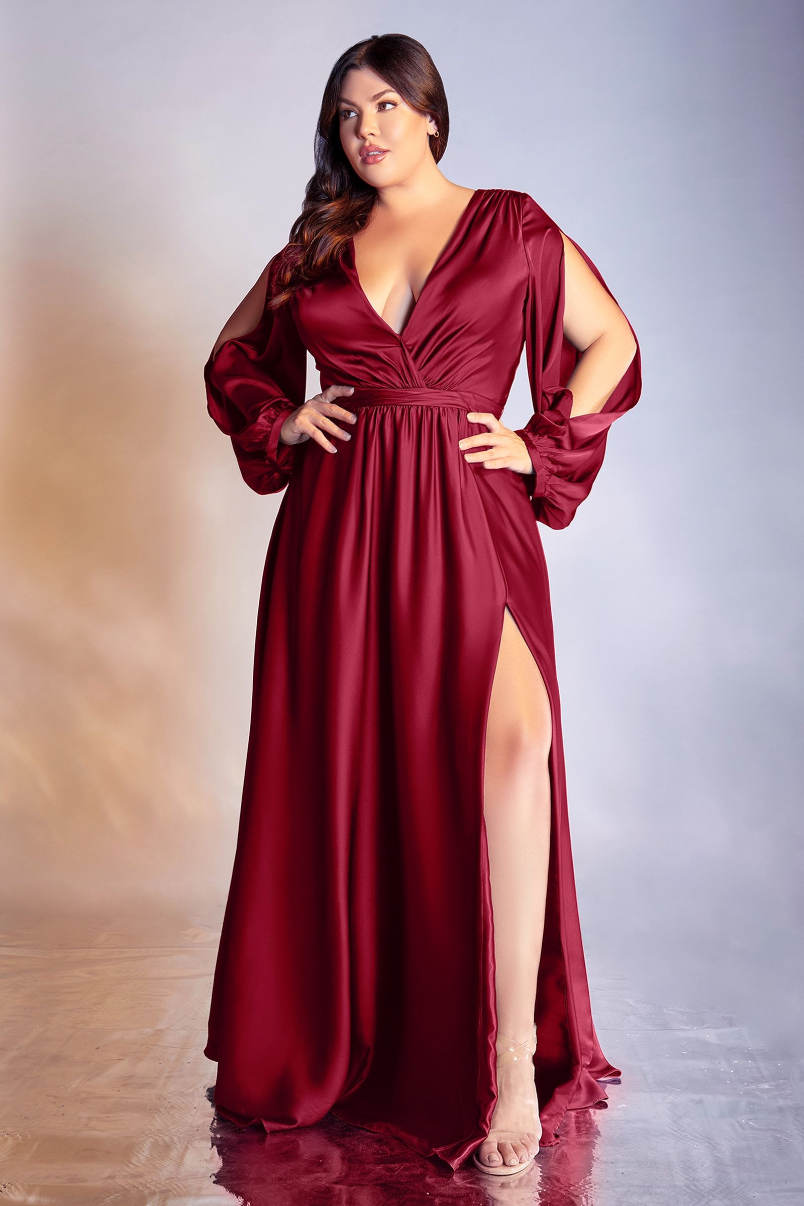 Curve Satin Modest Dress Plus Size A-line Silhouette with High Leg Slit Closed Shoulder Prom & Bridesmaid Gown CD7475C-0