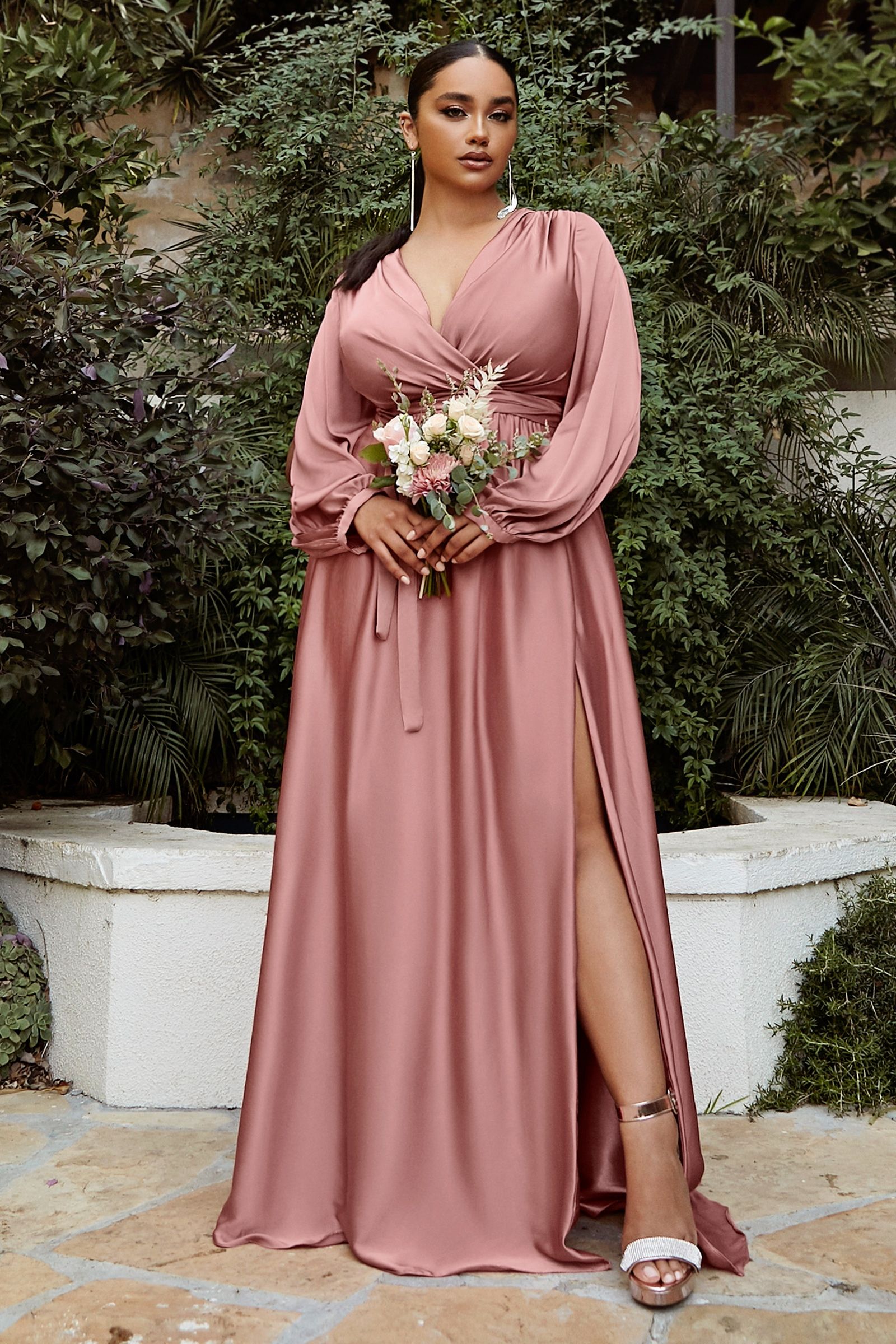 Curve Satin Modest Dress Plus Size A-line Silhouette with High Leg Slit Closed Shoulder Prom & Bridesmaid Gown CD7475C-6