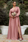 Curve Satin Modest Dress Plus Size A-line Silhouette with High Leg Slit Closed Shoulder Prom & Bridesmaid Gown CD7475C-6