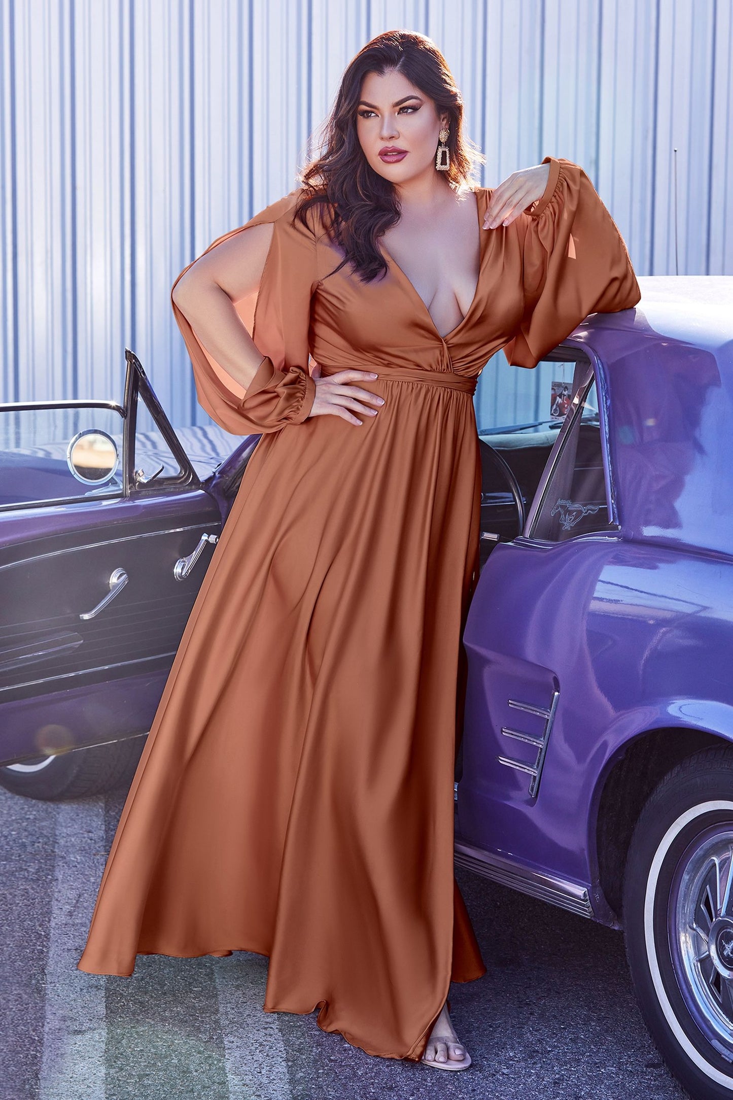 Curve Satin Modest Dress Plus Size A-line Silhouette with High Leg Slit Closed Shoulder Prom & Bridesmaid Gown CD7475C-8