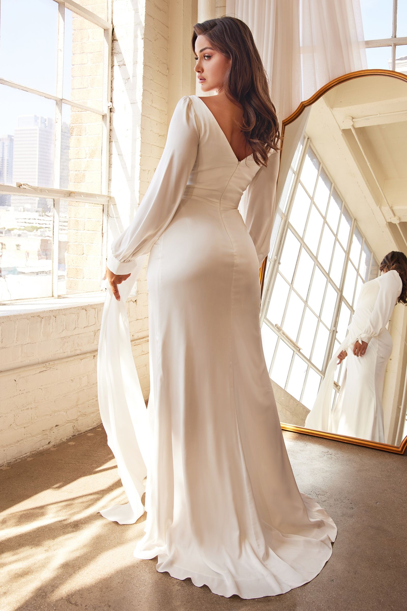 Wrap-Effect Long Sleeve Satin with a Leg Slit Modern Luxury Bride Wedding & Bridal Dress CD7478W-1