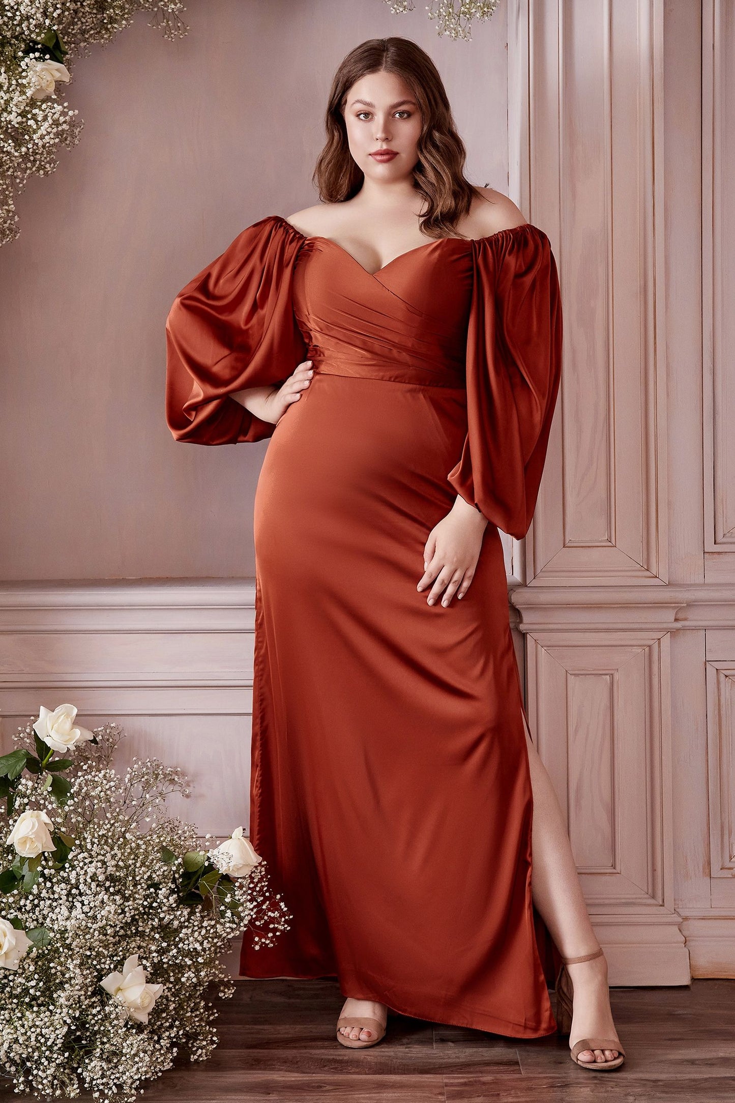 Soft Satin Long Sleeves Off Shoulder Bodice Side Leg Slit Plus Size Prom & Bridesmaid Dress CD7482C-5