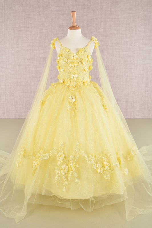 Floral Applique Glitter Mesh with Detachable Side Mesh Drape Quinceanera Kids Dress GLGK111-0