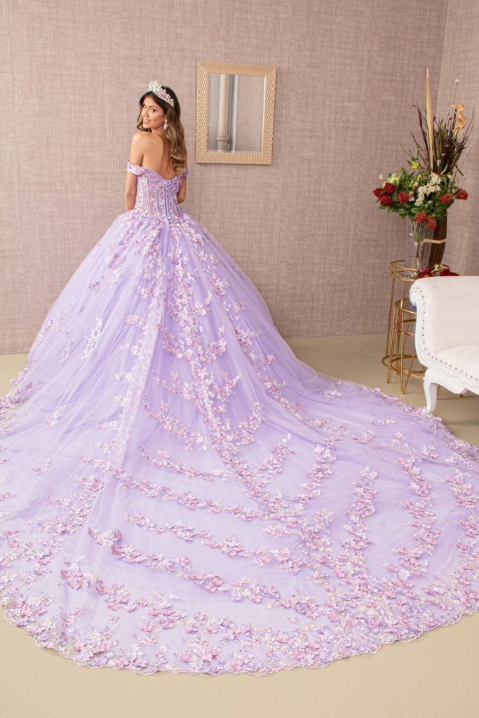 3-D Flower Applique Jewel Mesh Quinceanera Gown w/ Long Tail-6