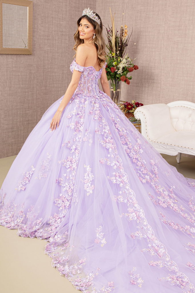 3-D Flower Applique Jewel Mesh Quinceanera Gown w/ Long Tail-7