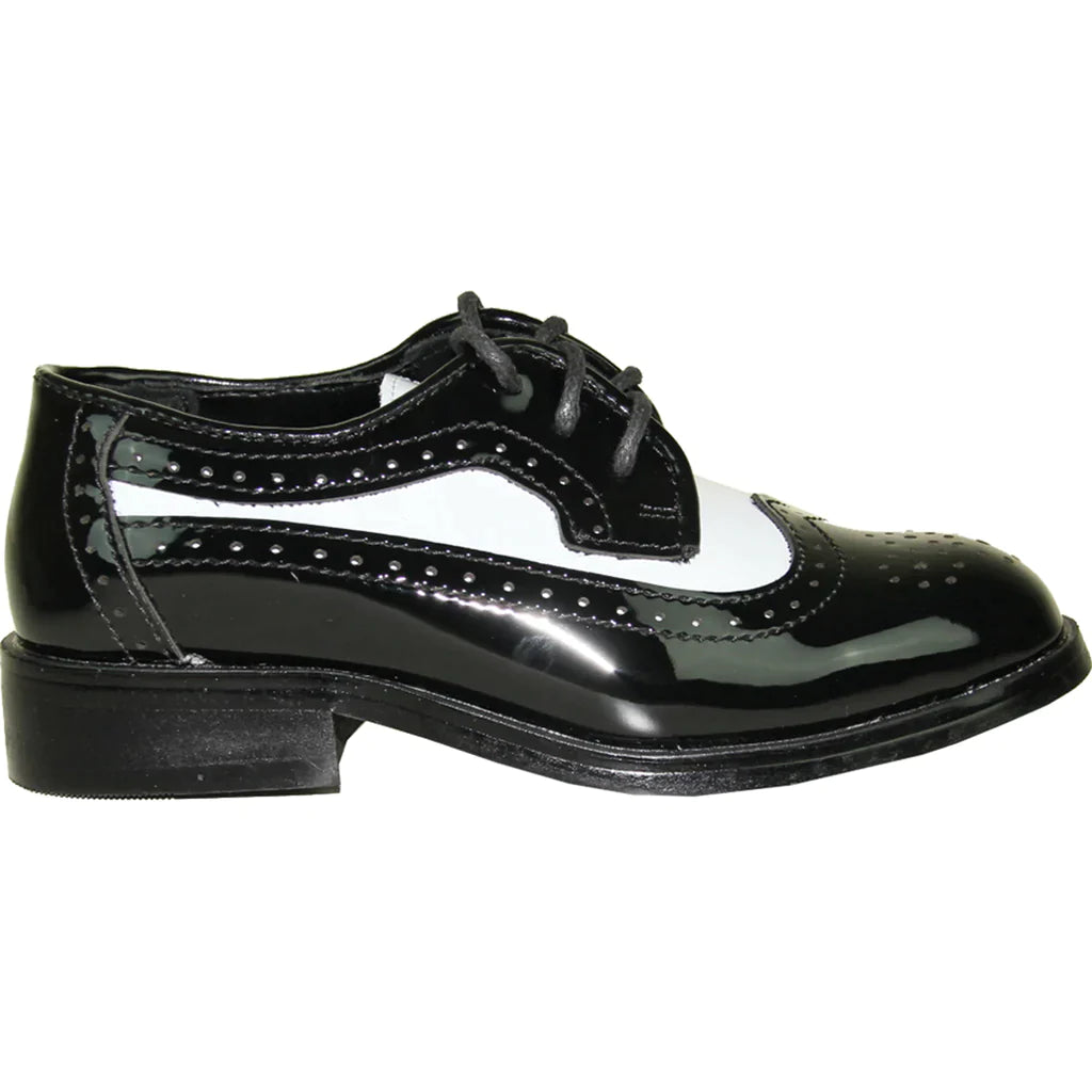 VANGELO Boy Dress Shoe TAB-3KID Oxford Formal Tuxedo for Prom & Wedding Black/White Patent Two Tone-3