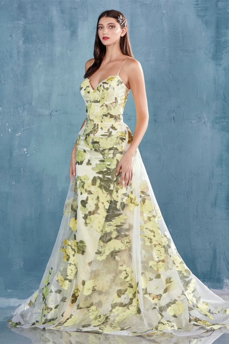 Floral Pattern Spaghetti Straps Sweetheart Bodice Lemon Flowers A-Line Long Tulle Overskirt Prom & Bridesmaid Dress CDA0770-4