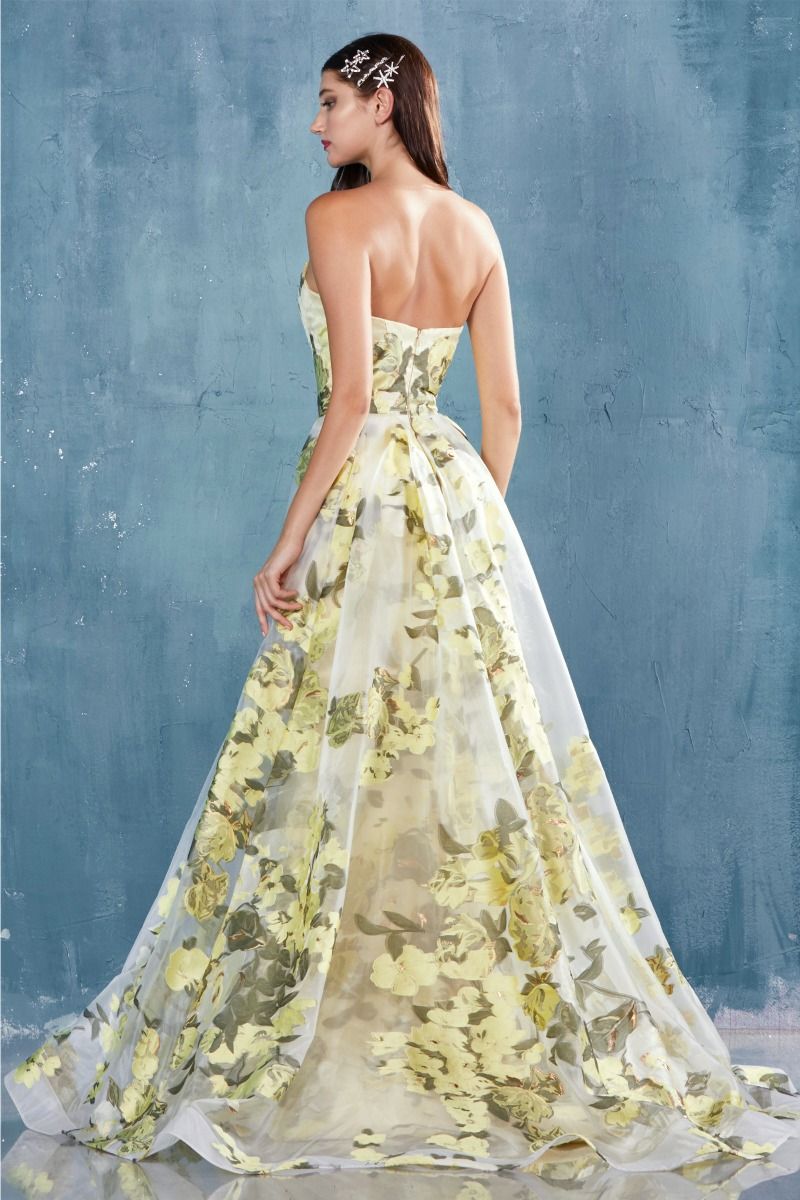 Floral Pattern Spaghetti Straps Sweetheart Bodice Lemon Flowers A-Line Long Tulle Overskirt Prom & Bridesmaid Dress CDA0770-3