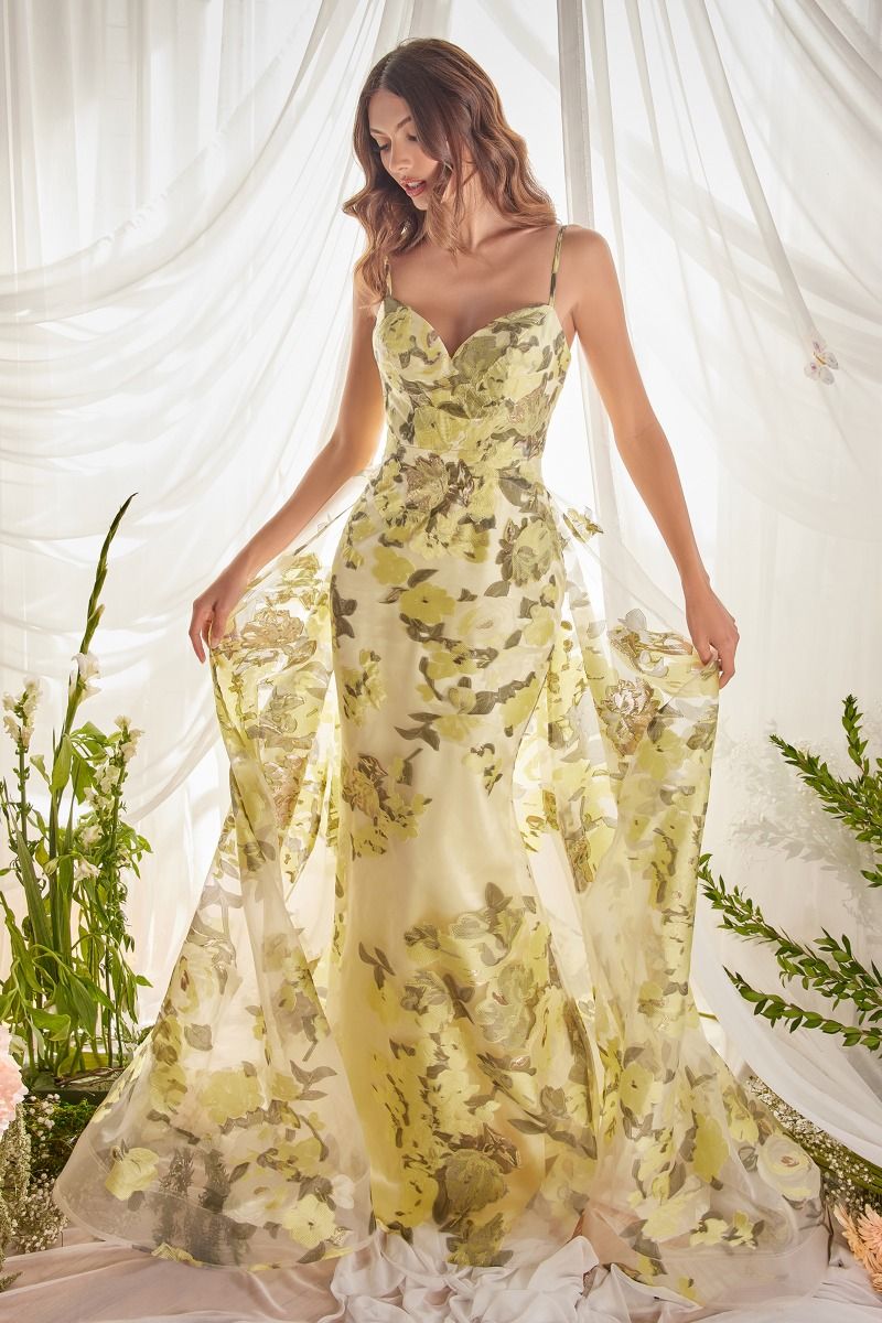 Floral Pattern Spaghetti Straps Sweetheart Bodice Lemon Flowers A-Line Long Tulle Overskirt Prom & Bridesmaid Dress CDA0770-0