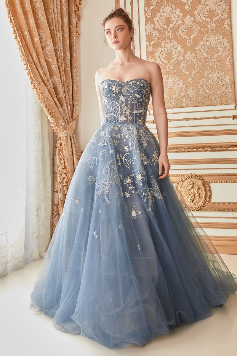 Constellation Selene Tulle Prom & Ball gown Straight Across Mid Open Back Celestial Appliqué Bodice A-line Vintage Luxury Dress CDA0890-2