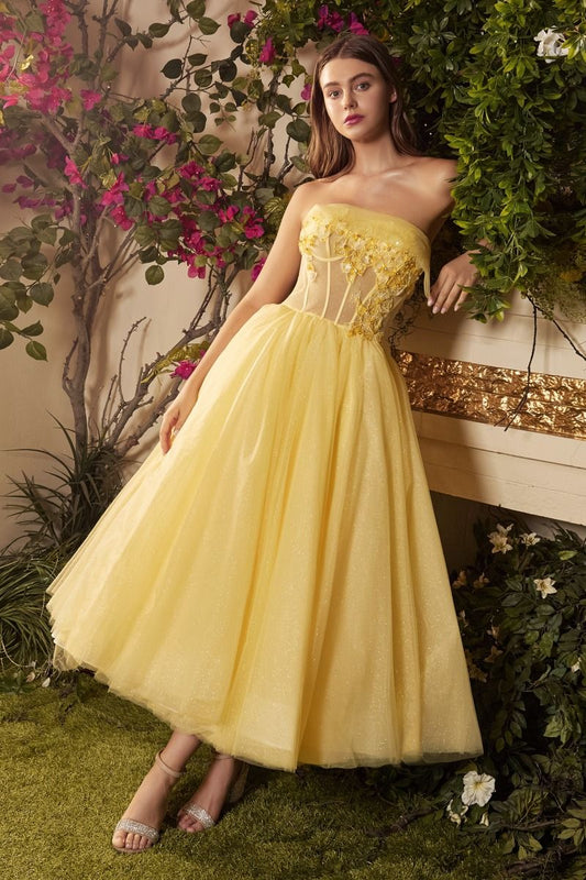 Sunshine Tea Midi Floral A-line Sunny Yellow Corseted Vintage FLowers Prom & Gala Dress CDA1055-0