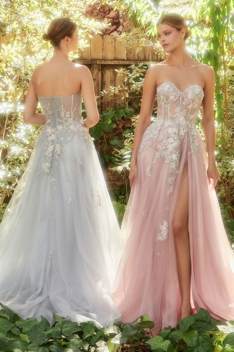 Penelope Blossom Floral Strapless Sheer Corset Bodice A-line Prom & Bridesmaid Dress CDA1089-3