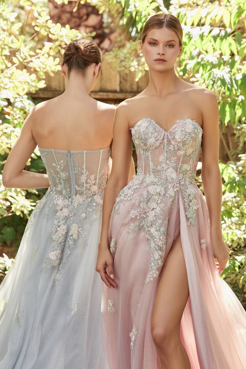 Penelope Blossom Floral Strapless Sheer Corset Bodice A-line Prom & Bridesmaid Dress CDA1089-6