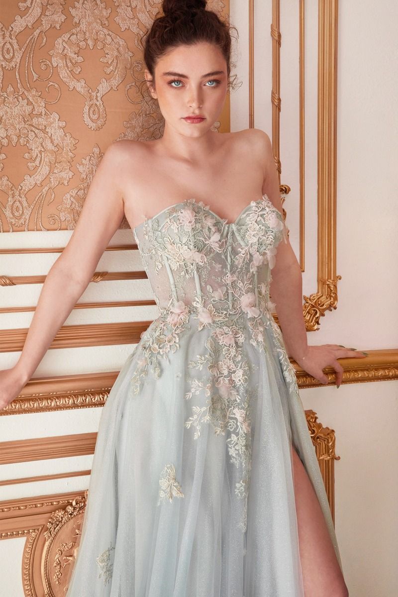 Penelope Blossom Floral Strapless Sheer Corset Bodice A-line Prom & Bridesmaid Dress CDA1089-1