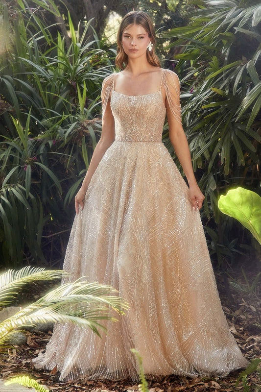 Champagne Gold Luxury Glass Beaded a-line Prom & Bridesmaid gown Scoop Neck Shoulder Detailed Bodice A-line Royal Ball Dress CDA1112-0