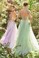 Pastel Elysium Lace Sage Vintage Floral Open Back Deep v-neck Bodice A-line Formal Prom & Bridesmaid Dress CDA1125-1