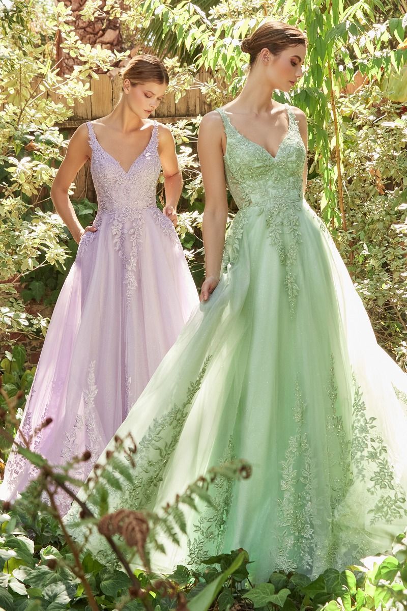 Pastel Elysium Lace Sage Vintage Floral Open Back Deep v-neck Bodice A-line Formal Prom & Bridesmaid Dress CDA1125-0