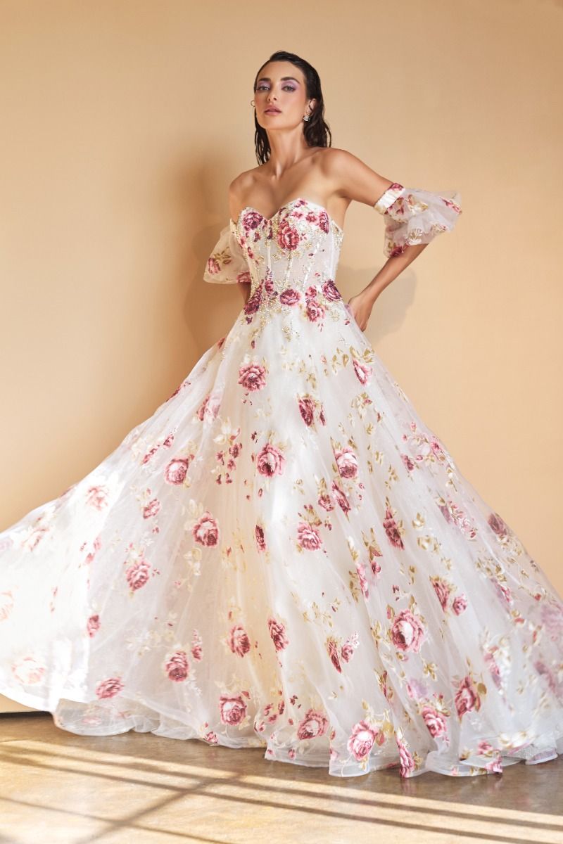 Strapless Organza Peony Print Ball Gown-0