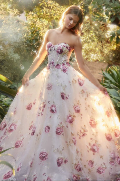 Strapless Organza Peony Print Ball Gown-4