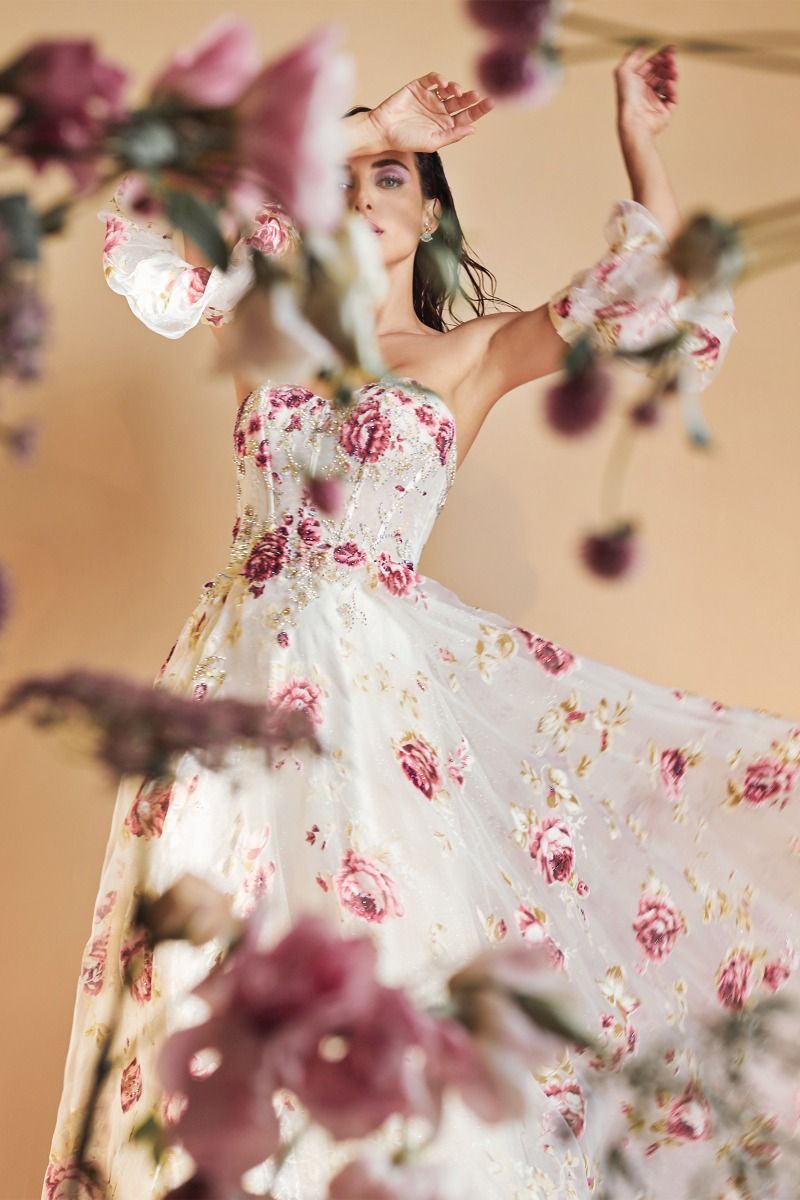 Strapless Organza Peony Print Ball Gown-5