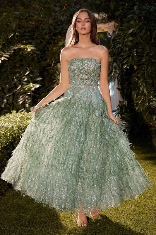 STRAPLESS FEATHER TEA LENGTH SAGE DRESS CDA1226-0