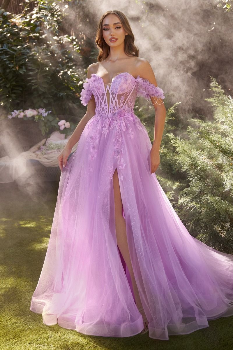 Off Shoulder A-Line Side Slit Tulle Skirt Long Prom Dress CDA1237-0