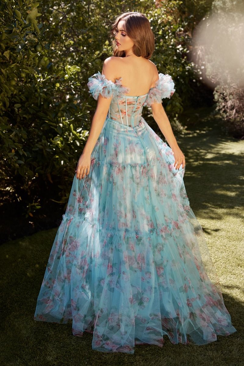 BLUE FLORAL PRINTED BALL GOWN CDA1285-1