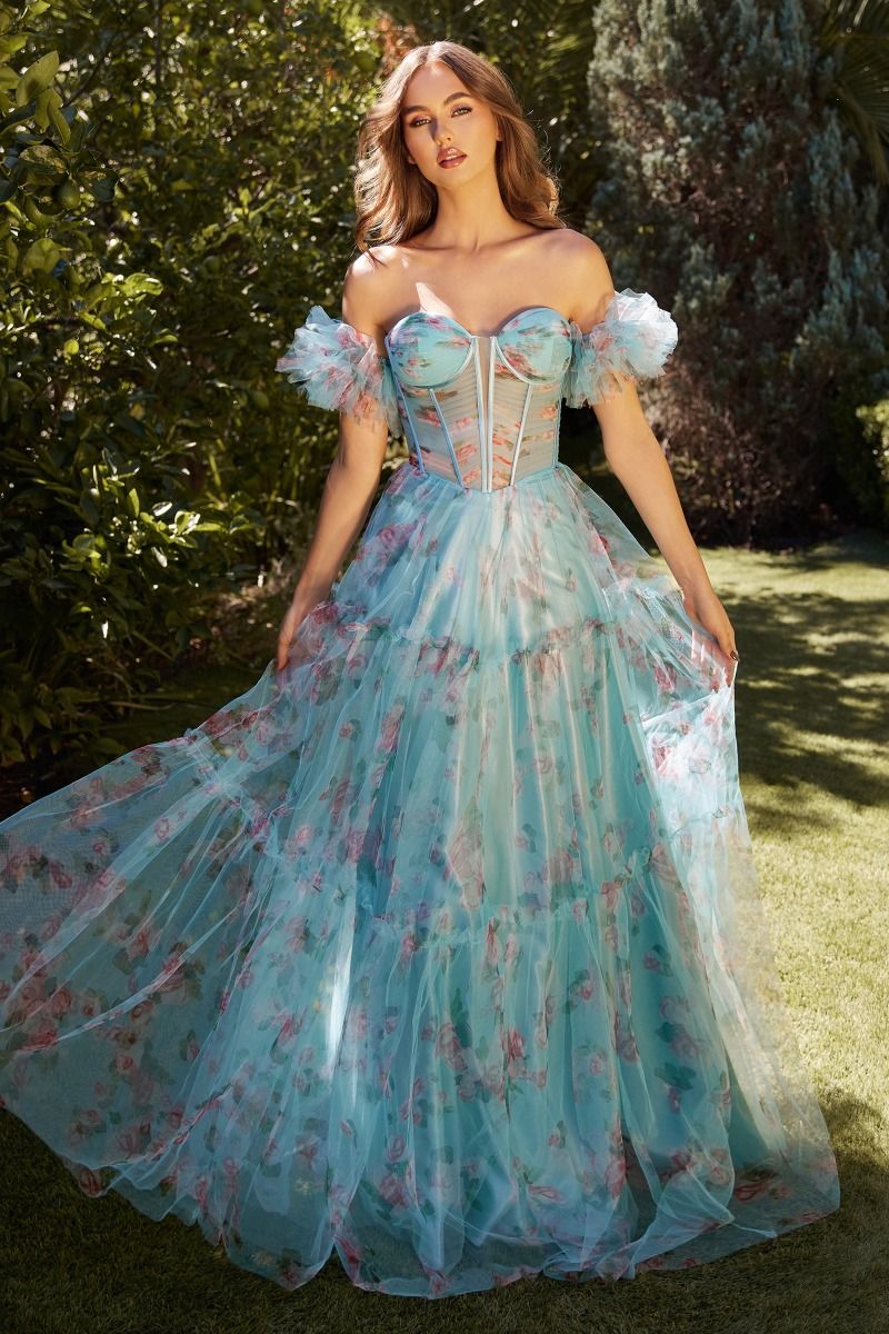 BLUE FLORAL PRINTED BALL GOWN CDA1285-0