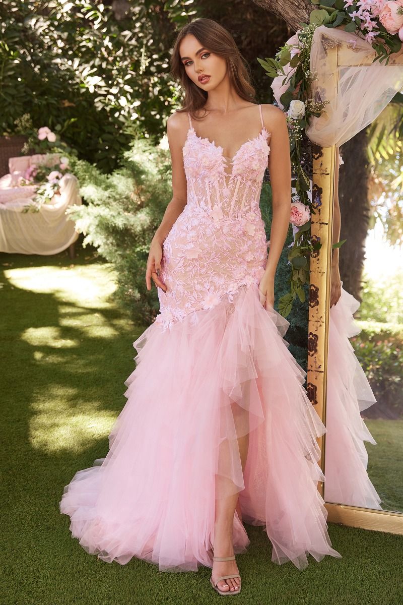 Lace & Tulle Embroidered Bodice Pink Mermaid Long Prom Dress CDA1327-2