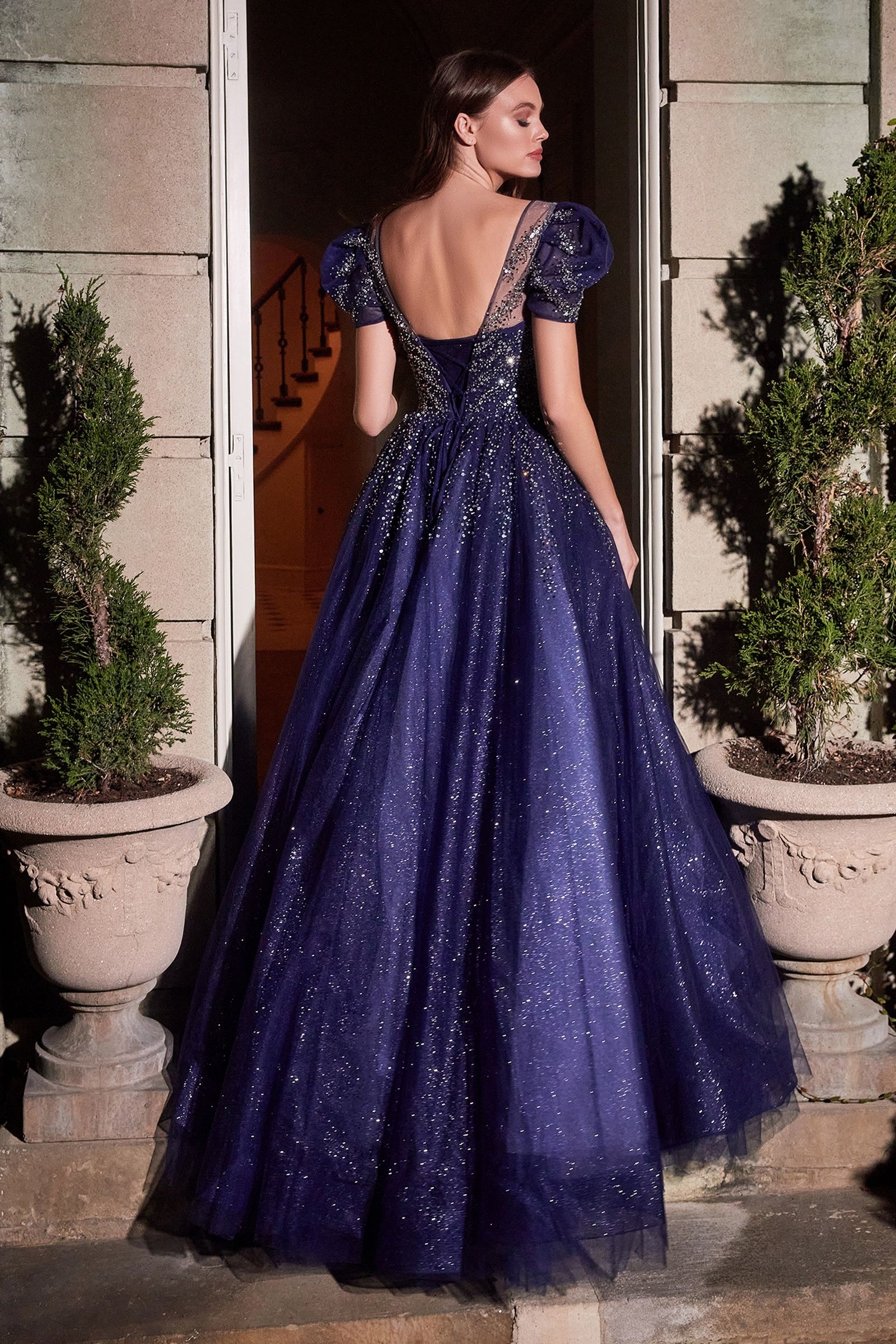 Layered Tulle Short Puff Sleeves Embellished Jewel Open Square Back Long Ball Gown CDB702-1