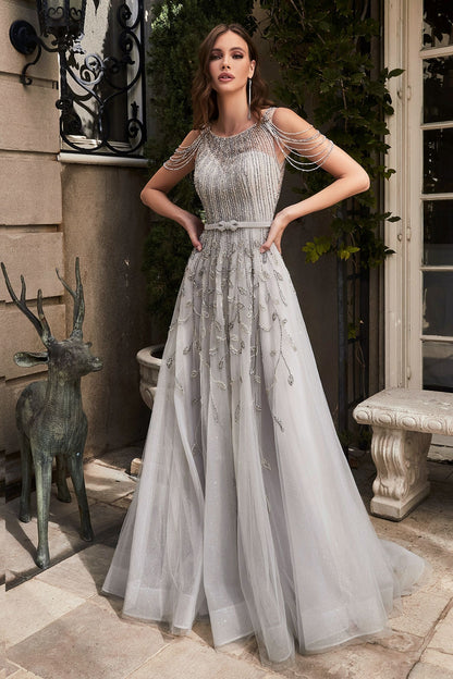 Embellished Beads A-Line Silver Sheer Bodice Long Ball Gown CDB710-0