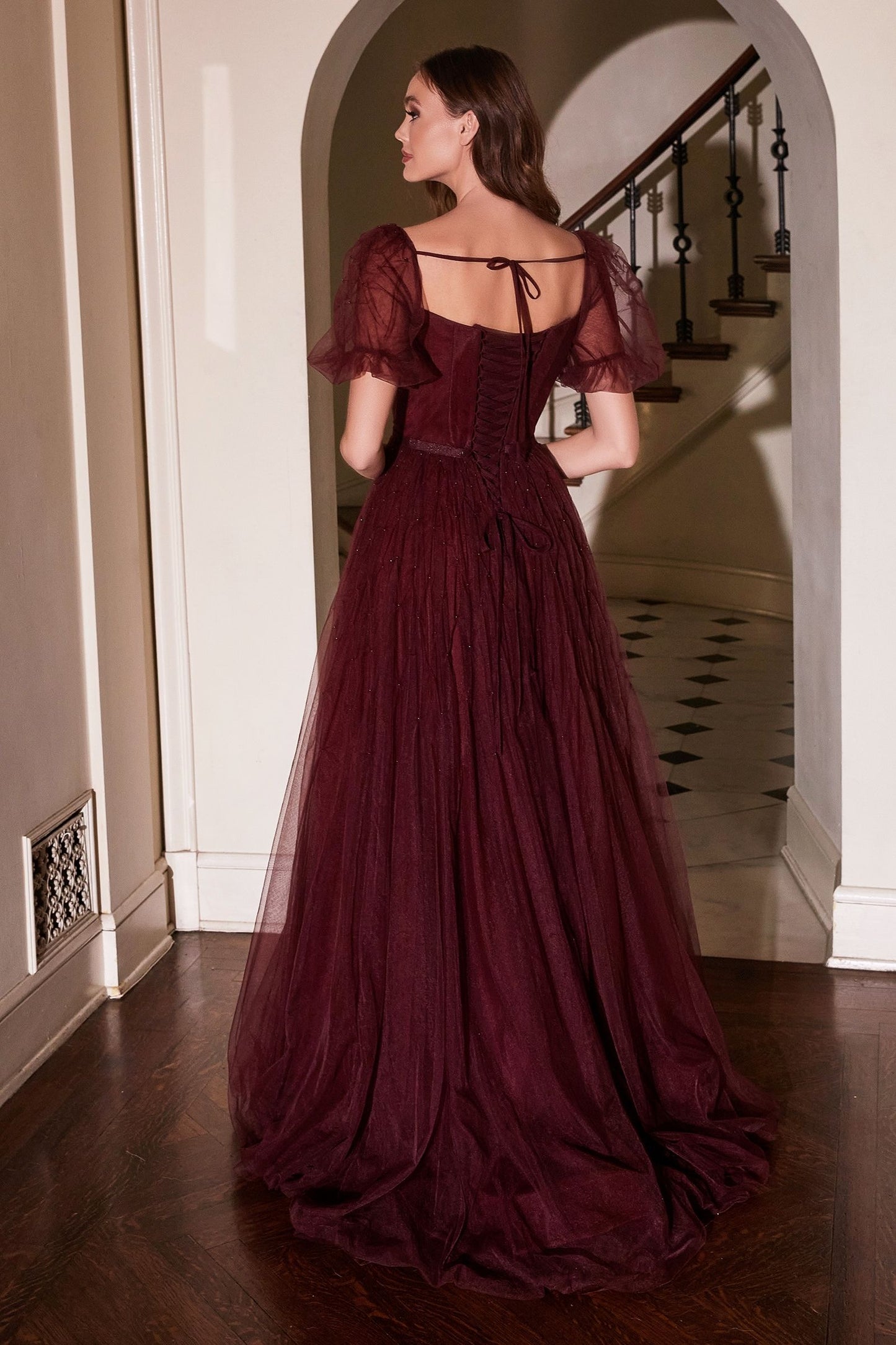 Maroon Puff Sleeve Ball Gown-1