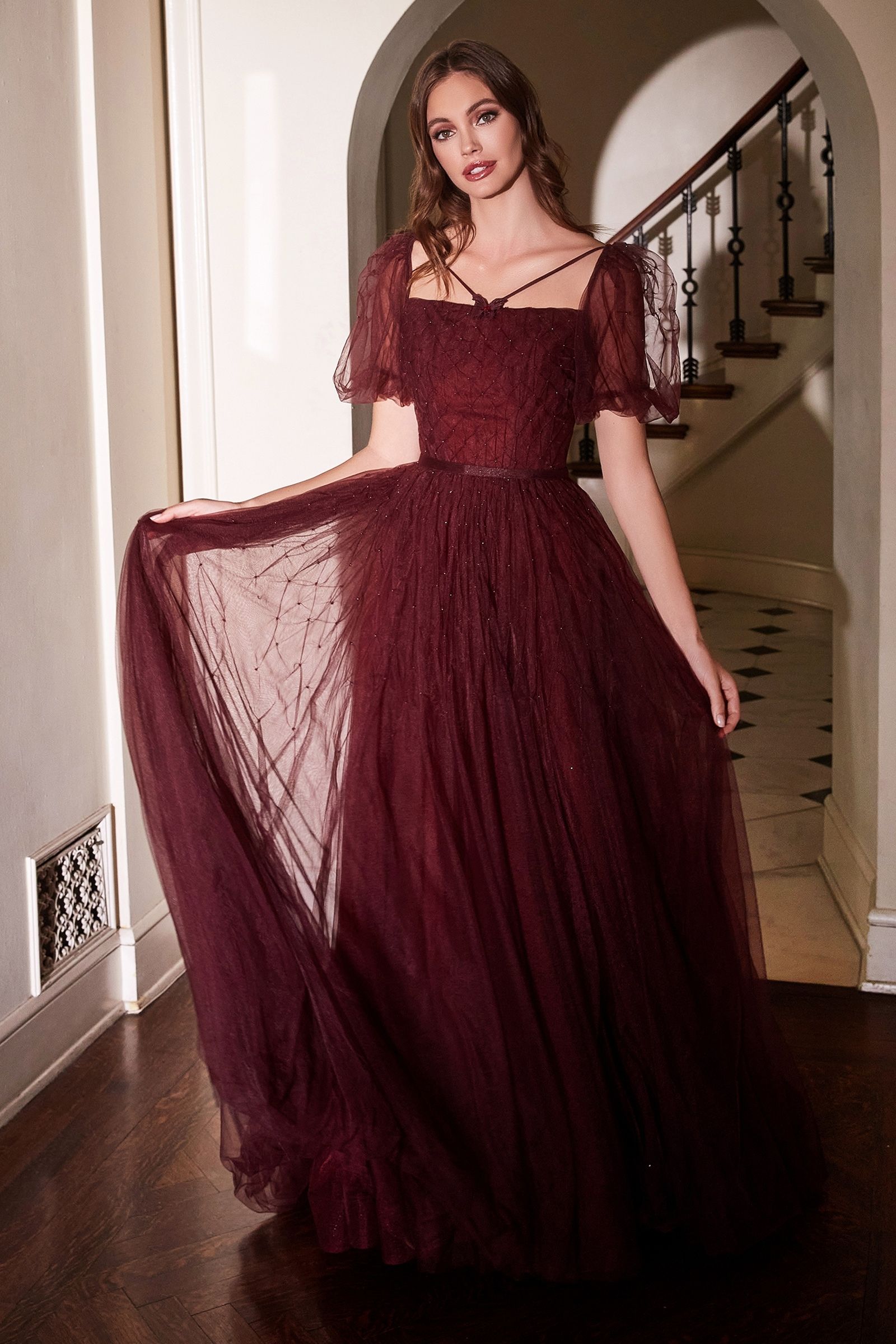 Maroon Puff Sleeve Ball Gown-0