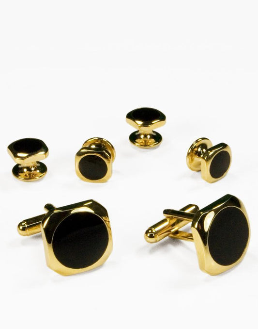 Black Circular Onyx with Gold Octagon Edge Studs and Cufflinks Set-0