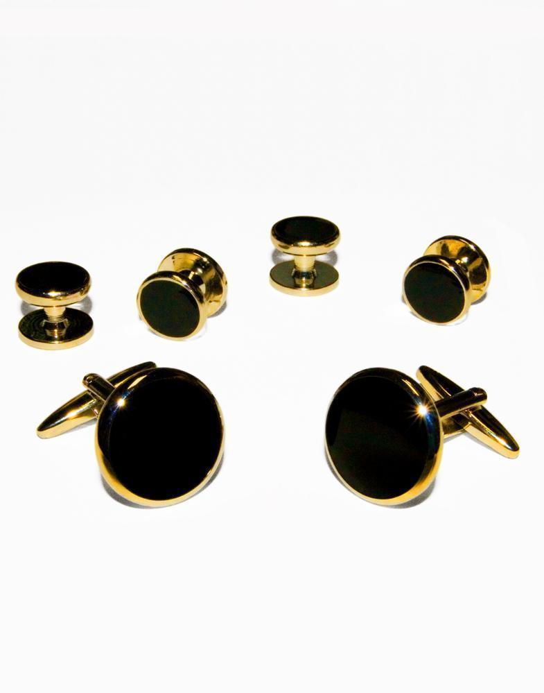 Black Circular Onyx with Gold or Silver Trim Studs and Cufflinks Set-0
