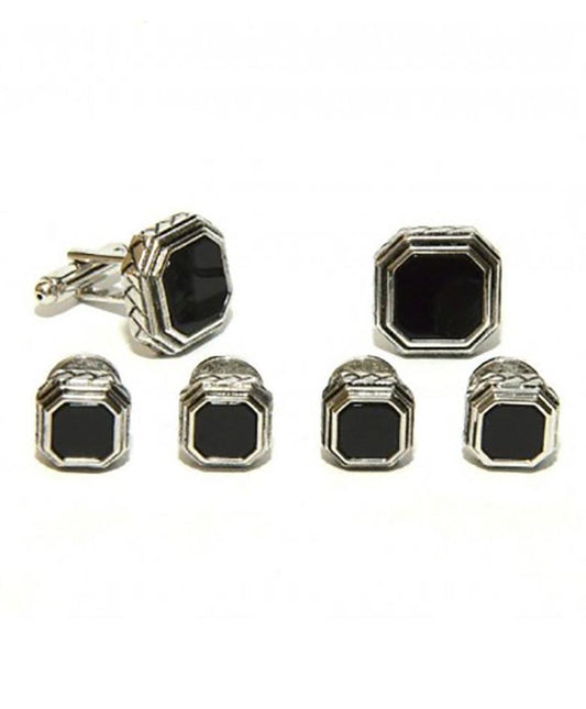 Black Octagon Onyx in Antique Silver Setting Studs & Cufflinks Set-0