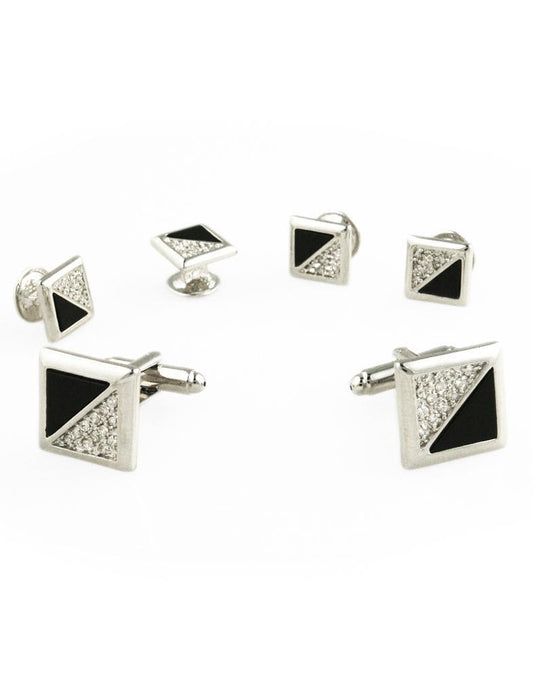 Black Onyx & Cubic Zirconia Triangles with Silver Edge Studs and Cufflinks Set-0
