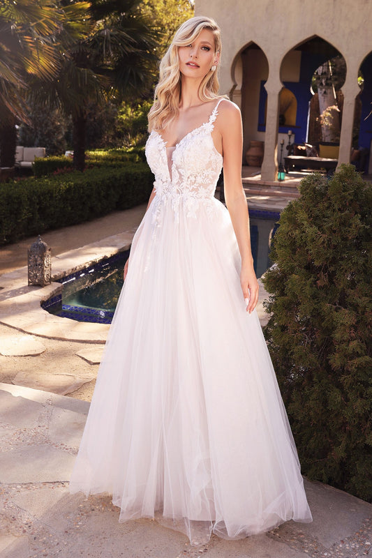 Layered A-Line Tulle Modern Bride & Wedding Gown Vintage Boho Laced A-line Wedding Dress Mid Open Back V-neck Floral Bodice CDCB072W-0