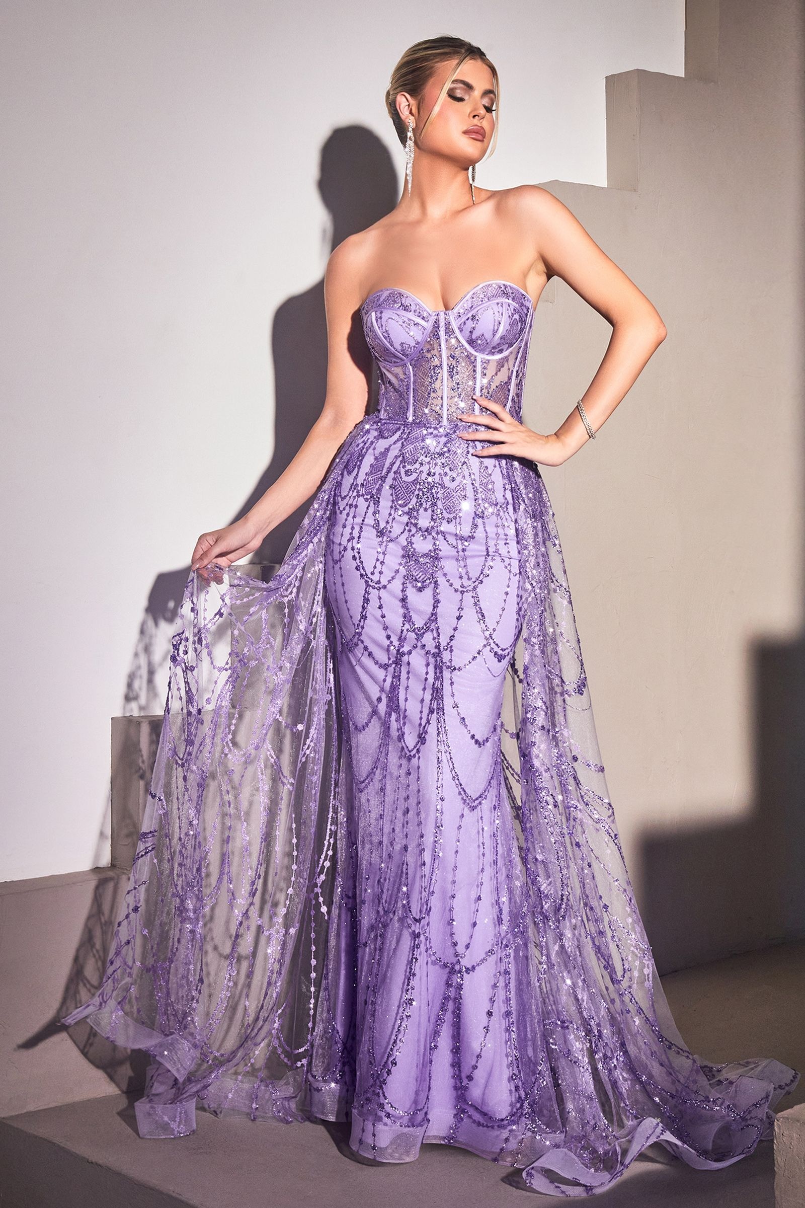 Strapless Lace Fitted Gown With Over Skirt-6