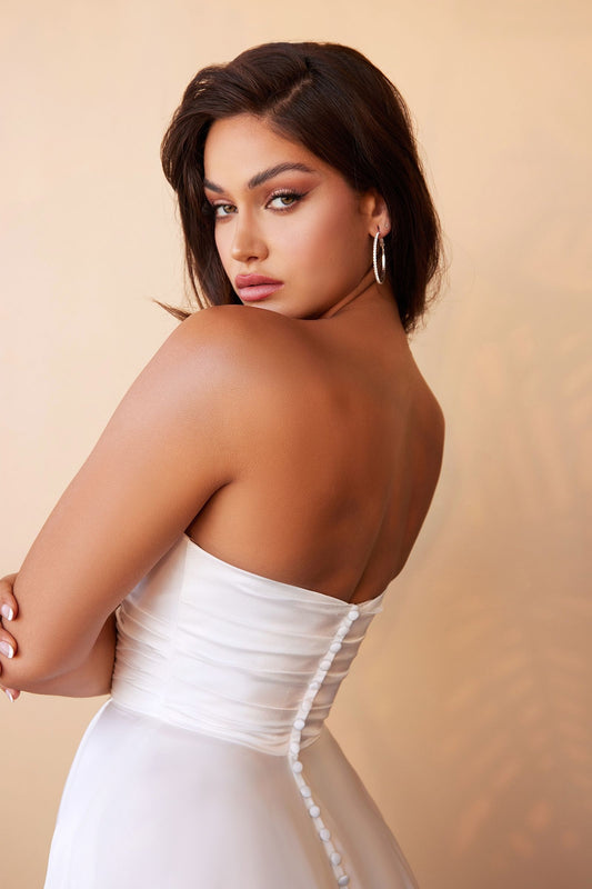 Satin Strapless Fitted Sweetheart Neckline Corset Look A-line Skirt with High Leg Slit Wedding Dress CDCD0166W-0