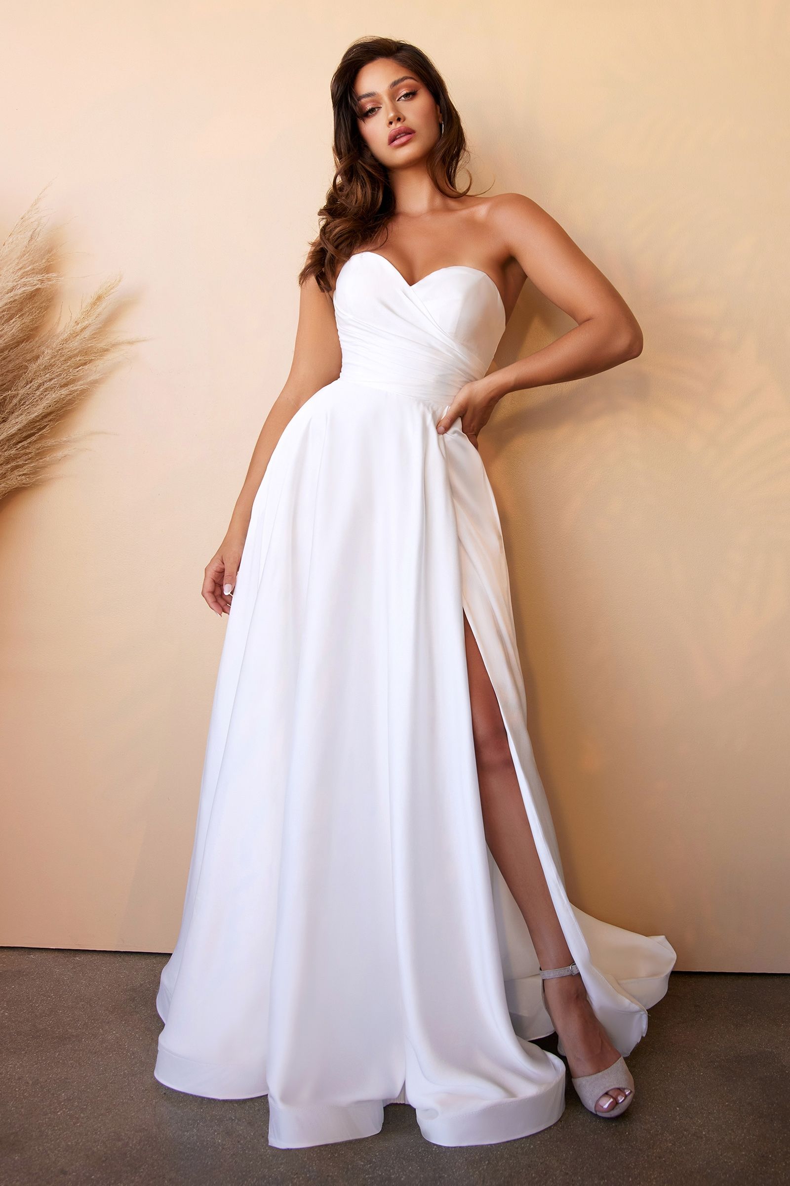 Satin Strapless Fitted Sweetheart Neckline Corset Look A-line Skirt with High Leg Slit Wedding Dress CDCD0166W-4