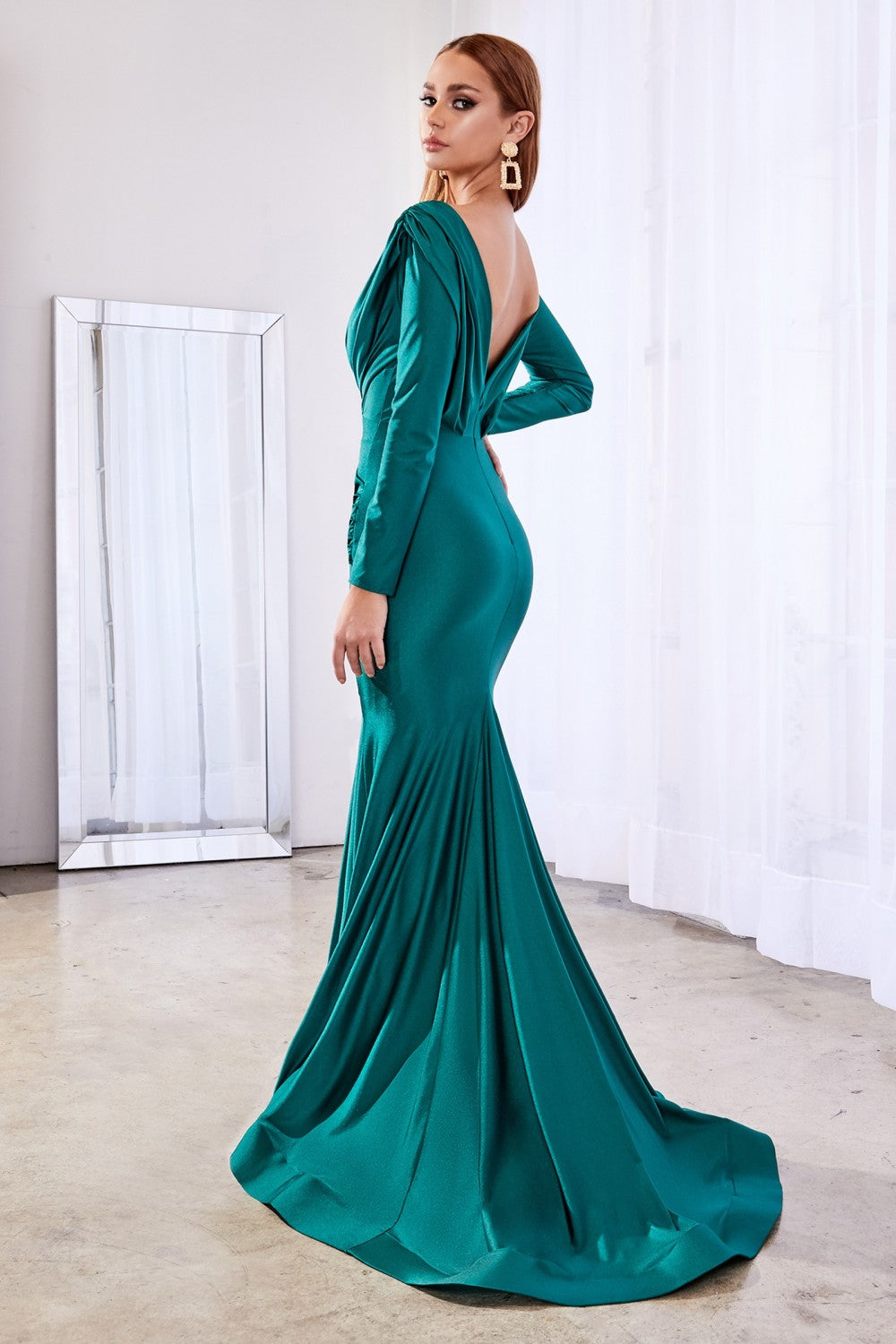 Fitted Stretch Jersey Ball Gown Wrapped Bodice with Deep V- Neckline Classic Sophisticated Silhouette Modest Long Sleeves CDCD0168 Sale-5